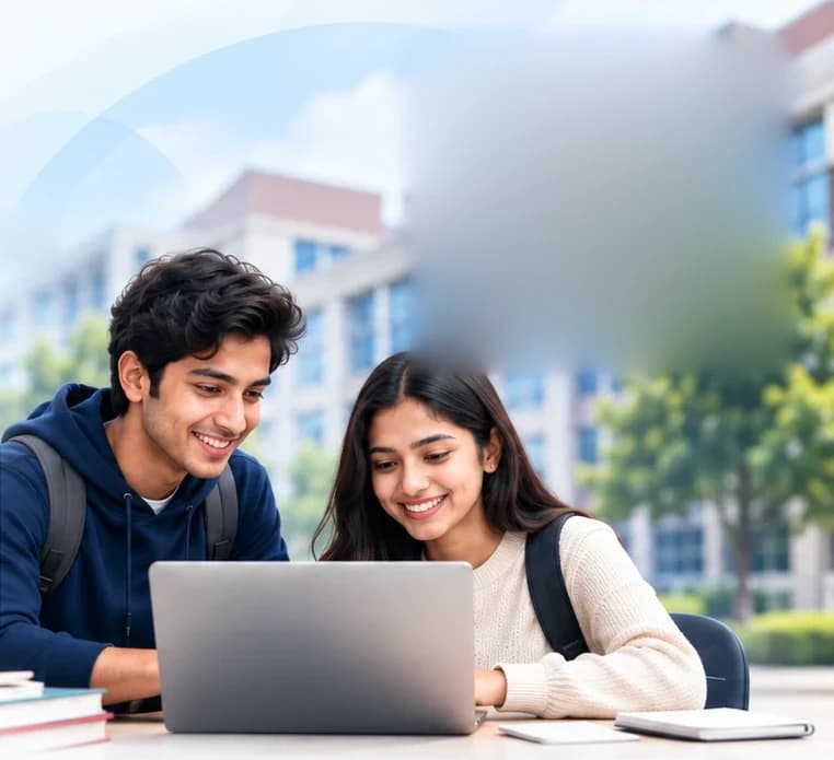 Two students smiling while exploring colleges on a laptop