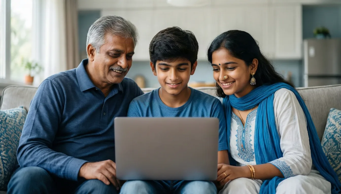 Parents and their son looking at college options on a laptop